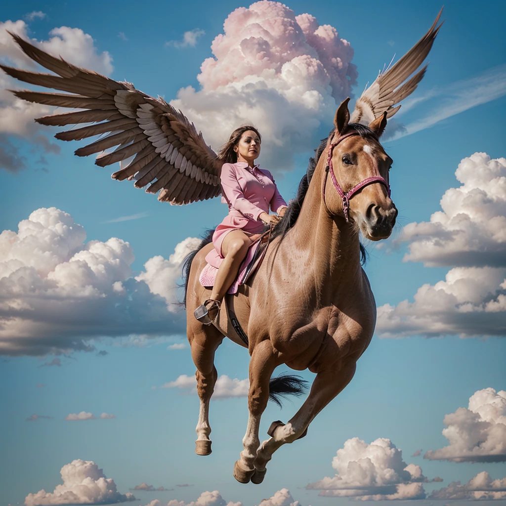 horse, winged, no hind legs, pink, flying, a few clouds, majestic, realistic