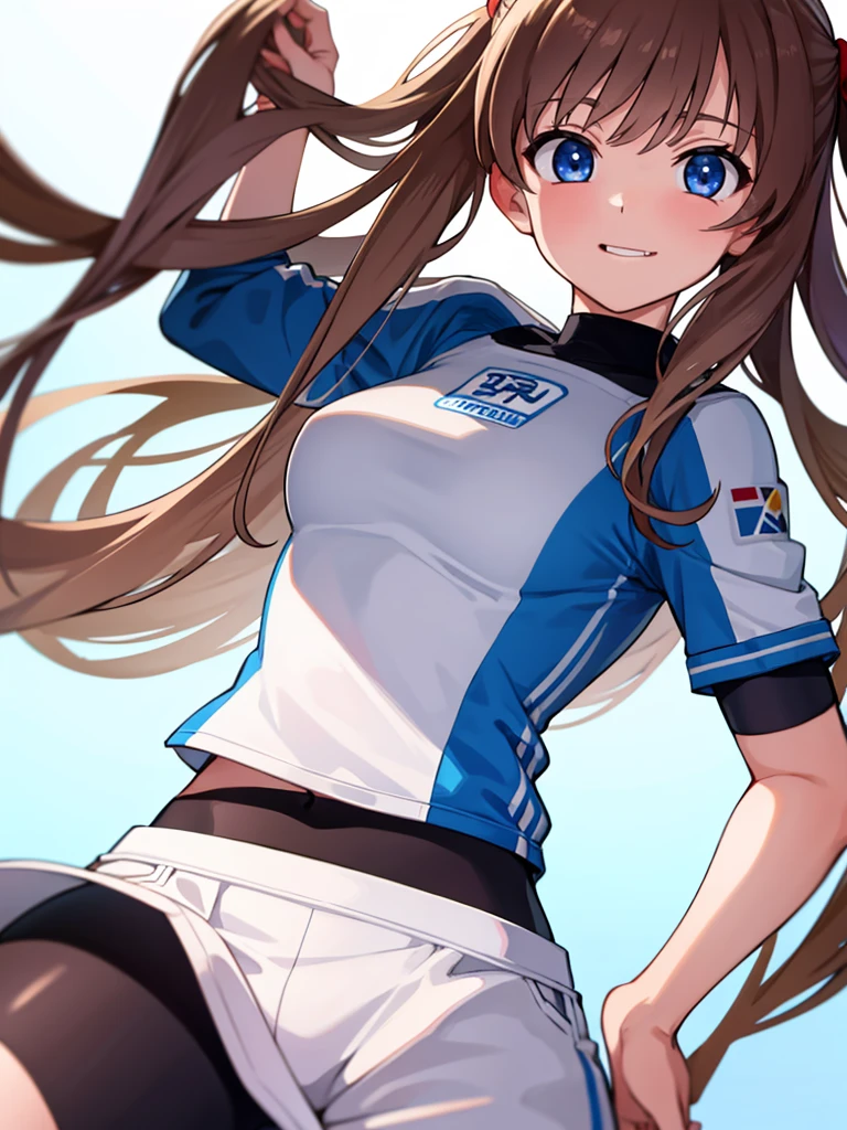 18 year old girl, large eyes, big eyelashes, thin eyebrows, half full cheeks, thick lips, curly brown hair, Brazilian long-sleeved football shirt with number 10, showing the ass, pink panties, long white socks, in pose on all fours