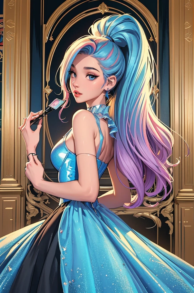 (masterpiece, top quality, best quality, official art, beautiful and aesthetic:1.2), young (1girl:1.3),  hair, long hair, (colorful eyes:1.3), extremely detailed, colorful, (highly detailed CG illustration), (looking at viewer), cinematic light, solo, half body, (character focus), ),, extravagant makeup, full lips, sexy pose, clothes ASIDE , used condoms, partially naked, shiny skin, seraphine1, blue ponytail