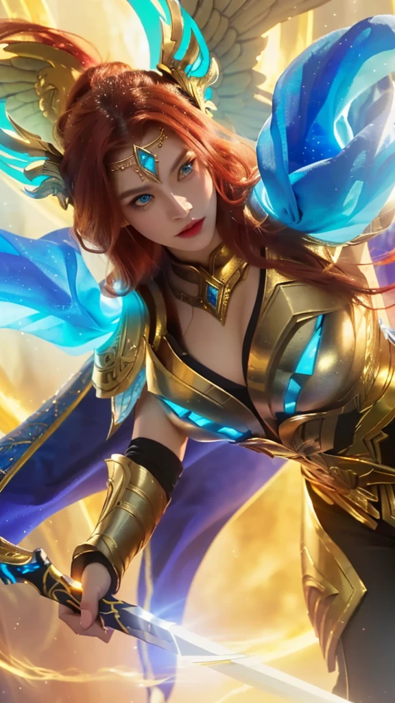 highly detailed portrait of a woman with long flowing red hair and stunning blue eyes, holding a shimmering sword, beautiful celestial mage, crystal maiden, mystical atlantean valkyrie, intricate golden jewelry, flowing cape, glowing magical energy, dramatic lighting, cinematic composition, vibrant colors, hyper-realistic, 8k, highest quality, award-winning