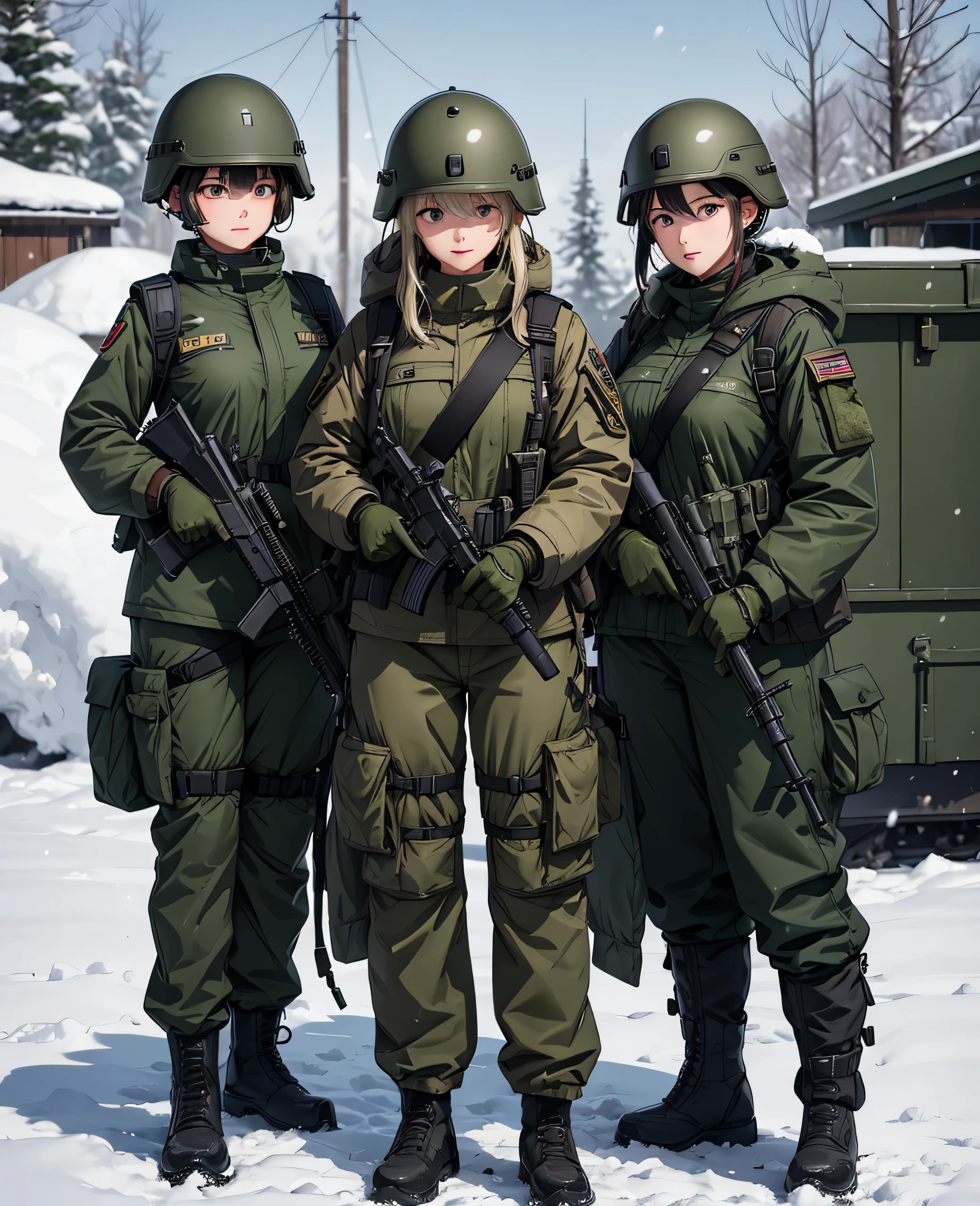 Three female soldiers wearing dark green military pants、Wear a thick coat that covers your thighs、Wearing a helmet、Magazine Pouch、Tactical shoulder strap、All with guns、Snowy military camp、Write details、masterpiece、best quality、Highly detailed CG、8K picture quality