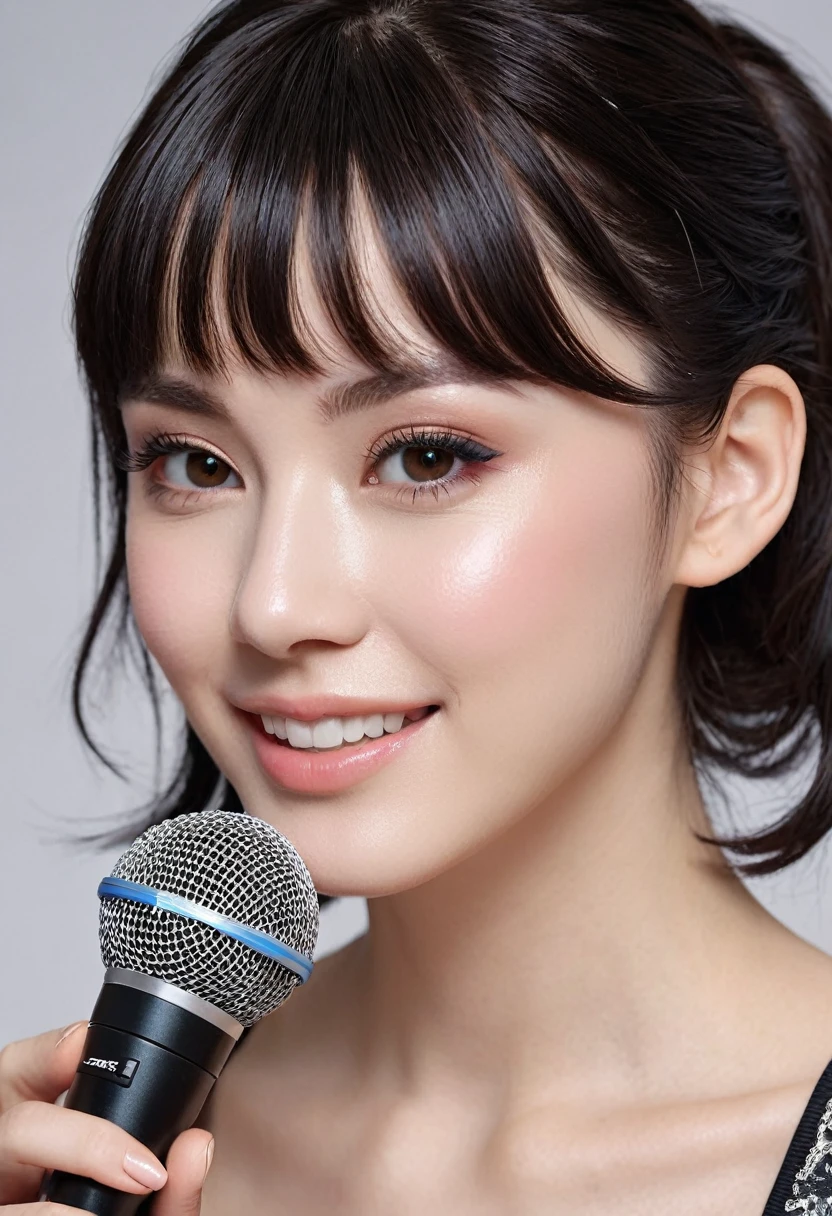 (masterpiece:1.3), High resolution, Super detailed, Highly detailed CG Unity 8k wallpaper, Realistic, photo-Realistic, RAW Photos, Beautifully detailed face, Pale skin, Realistic glistening skin, Detailed cloth texture, Detailed hair texture, Perfect body, Beautiful Face, Accurate, Anatomically correct, Highly detailed face and skin texture, Natural neck length, (Beautiful Hands), (Fair skin:1.1), (Good teeth alignment:1.1), (Sweaty skin:1.2), BREAK, Fine grain, Symmetrical eyes, Light brown eyes, double eyelid, Thin eyebrows, (Glossy Lips:1.4), ((A face waiting for a kiss:1.2)), (blush:1.1), (Sparkly little hair accessories:1.1), (Beautiful smile:1.1), (Holding a microphone:1.3), BREAK, (An elegant and cute 15-year-old junior idol:1.3), (nude, nsfw, Very erotic nipples:1.4), baby face, BREAK, small breast, Slim figure, Toned Abs, ((Half Up, Black Hair, bangs:1.2)), (Cowboy Shot:1.2), (View your viewers), Cowboy Shot, From above, BREAK, (Singing on stage:1.3),Harajuku、20 years girl、Cute、Sexy shot looking at camera