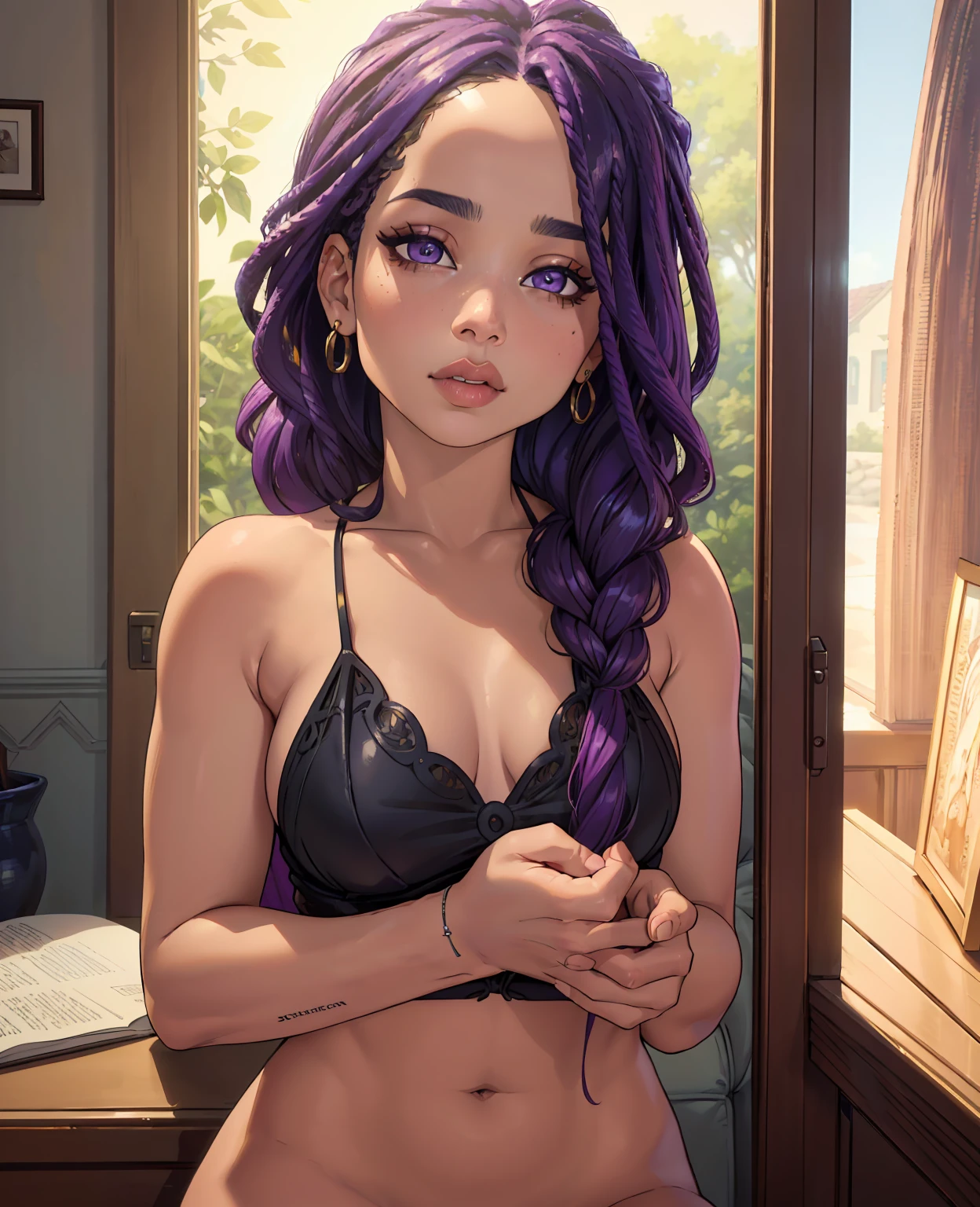 zoe kravitz, beautiful detailed eyes, beautiful detailed lips, extremely detailed eyes and face, long eyelashes, 1girl, purple hair, sensual, elegant, seductive, alluring, confident, graceful, ethereal, stunning portrait, cinematic lighting, vibrant colors, dramatic shadows, moody atmosphere, chiaroscuro, oil painting, digital painting, hyperrealistic, photorealistic, (best quality,4k,8k,highres,masterpiece:1.2),ultra-detailed,(realistic,photorealistic,photo-realistic:1.37)