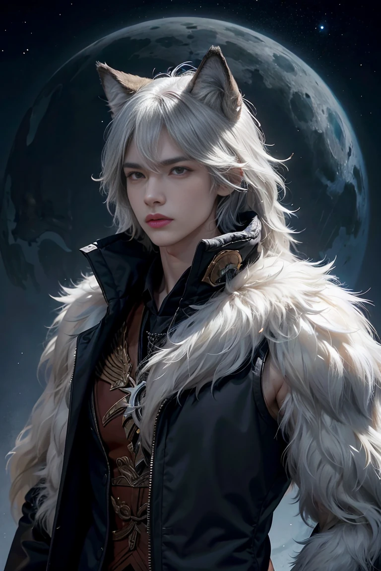 Anthropomorphic animal man, face is wolf, entire body skin looks like wolf fur