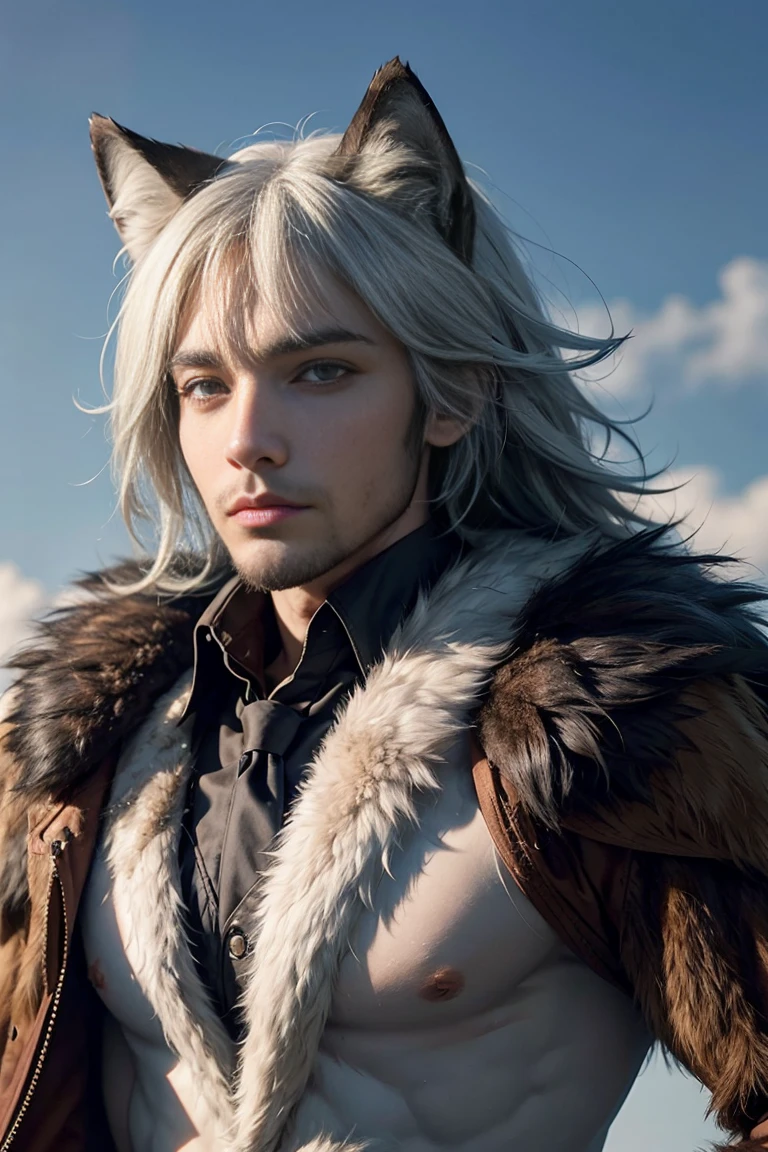 Anthropomorphic animal man, face is wolf, entire body skin looks like wolf fur