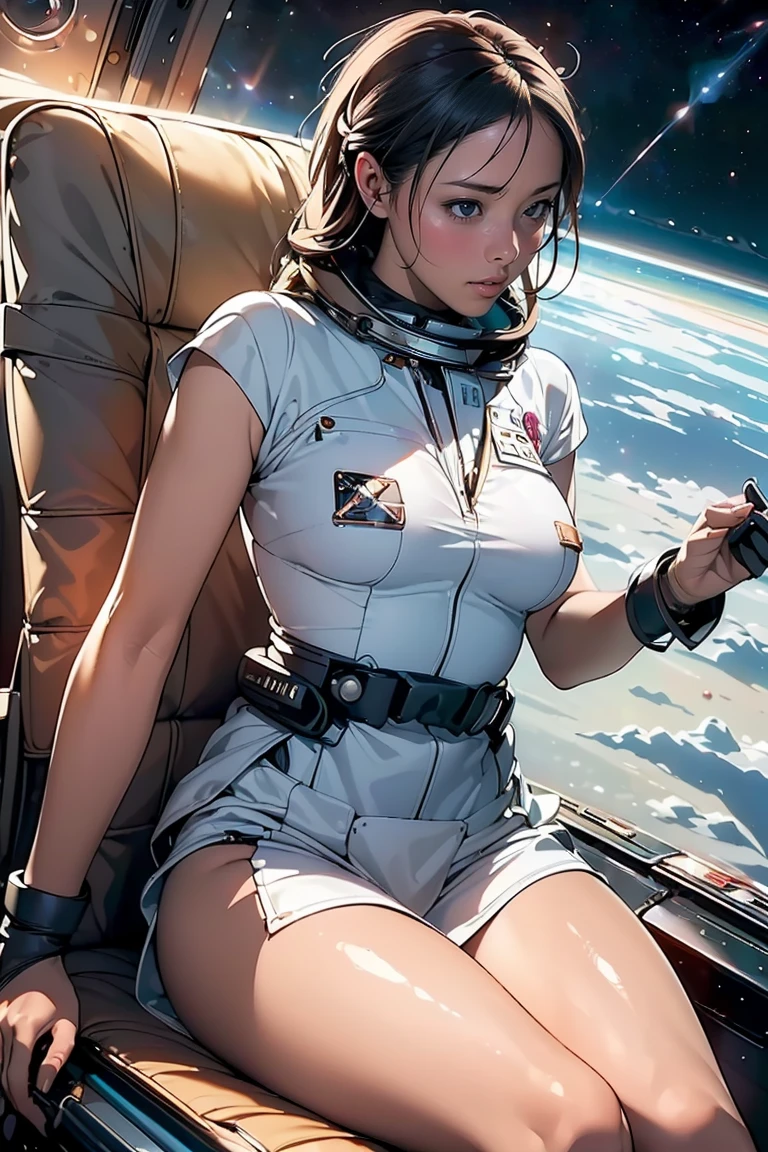 (masterpiece,top quality,high quality)), ((8K wallpaper unified with high definition CG)), (huge stunning goddess shot, so hot and sexy, jaw dropping beauty, perfect proportions, beautiful body, slim body beauty:1.1), (((Space War:1.5))), Cockpit of a small fighter plane, large windows, space outside the windows, beams of light intermingling, explosions at close range, ((pilot sitting in seat and controlling the plane, wearing tight pilot suit, secured by seatbelt, gripping the controls:1.3)), detailed cockpit, motorcycle-like cockpit, ((tension, impatience, anger)),