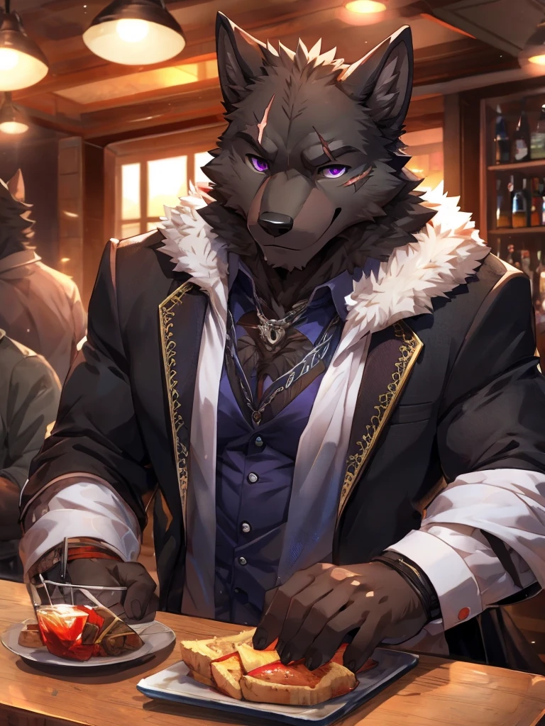 embedding:Black wolf，male, Purple eyes,Scar on the face, Single Person,black fur.The chest and abdomen are white fur.The mob boss,Tattoo,Black suit,At the bar,happy，Smart,Adult male,Handsome,Best quality hands, best quality eye，detailed fur，Delicate eyes.Extreme picture quality，by sollyz,by zixiong,by null_ghost