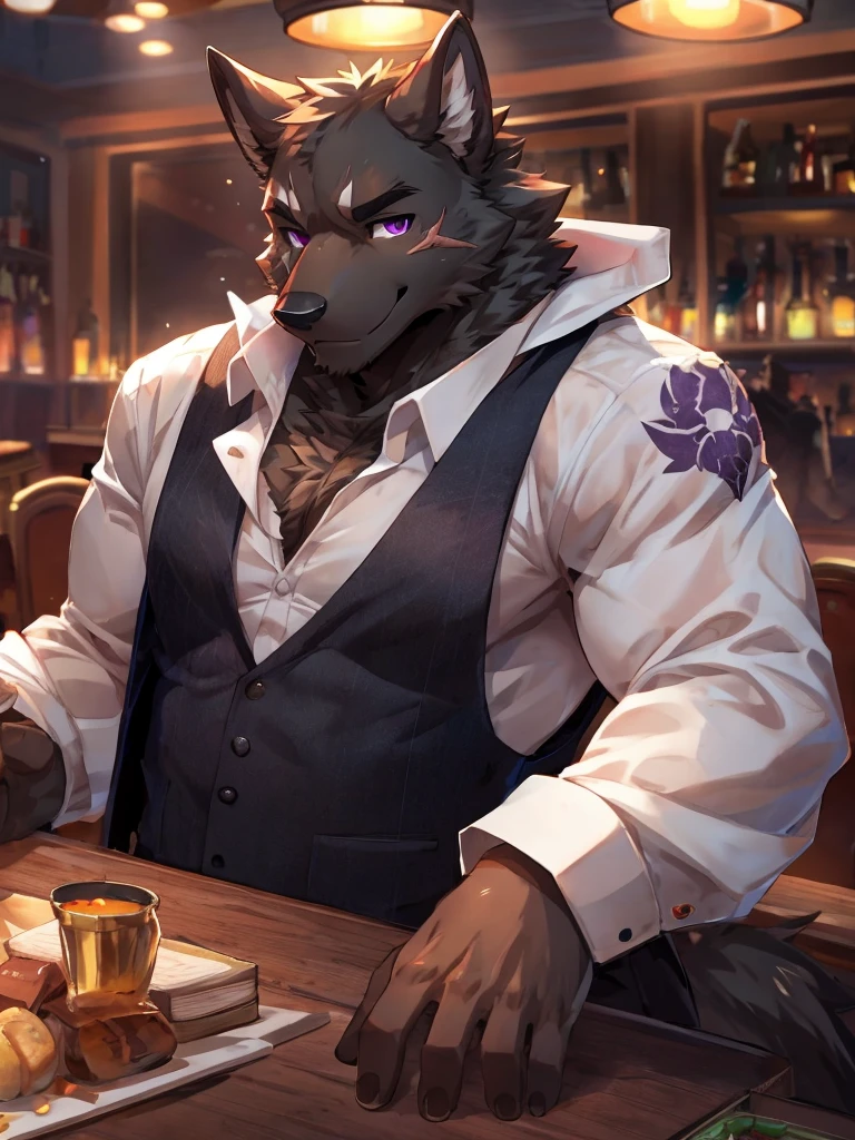 embedding:Black wolf,male, Purple eyes,Scar on the face, Single Person,black fur.The chest and abdomen are white fur.The mob boss,Tattoo,Black suit,At the bar,happy,Smart,Adult male,Handsome,Best quality hands, best quality eye,detailed fur,Delicate eyes.Extreme picture quality,by sollyz,by zixiong,by null_ghost
