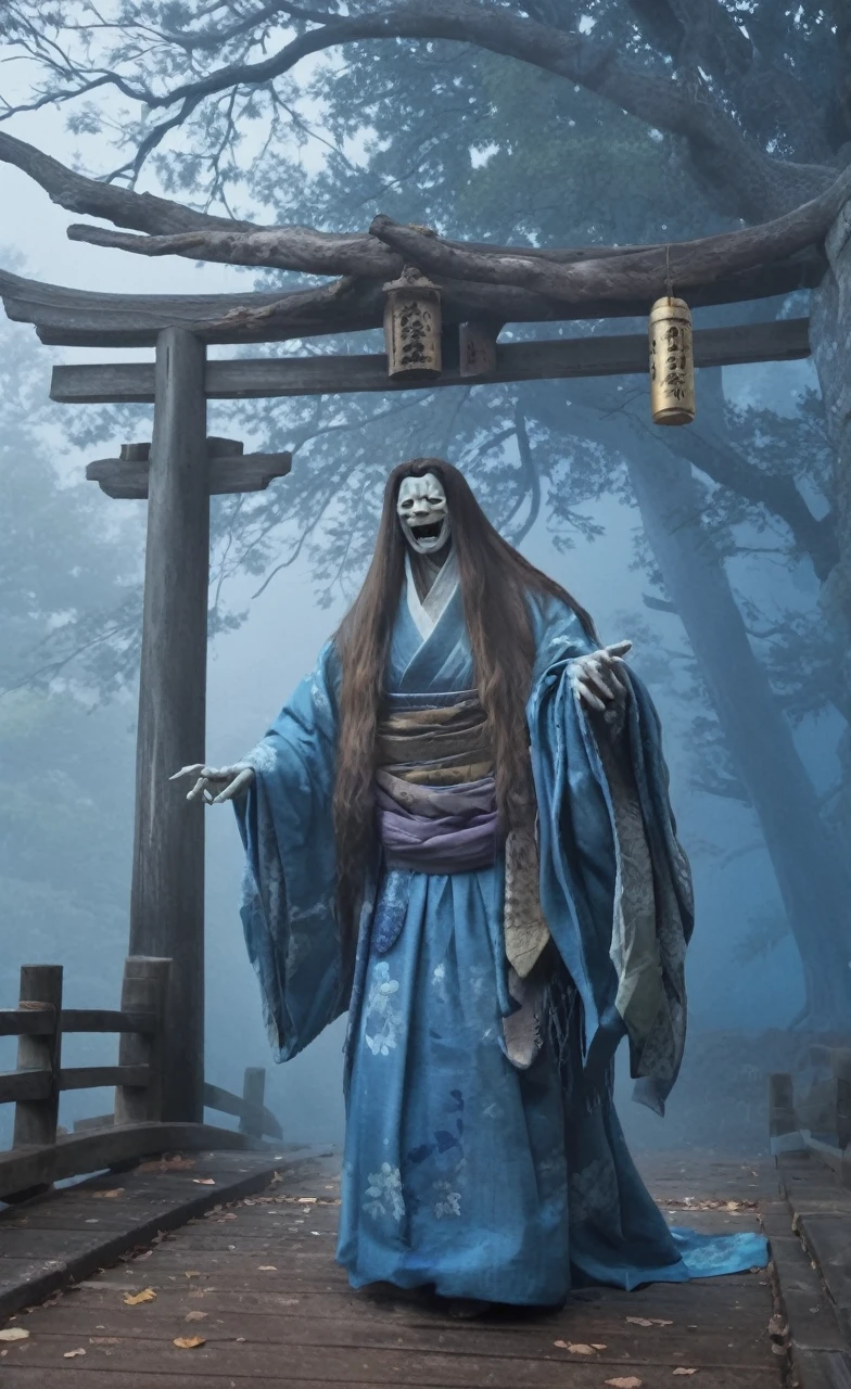 yokai, ghostly figure with long flowing hair, traditional kimono, ancient shrine, spooky atmosphere, ethereal blue glow, high resolution, misty background, decaying wooden beams, old prayer tags fluttering