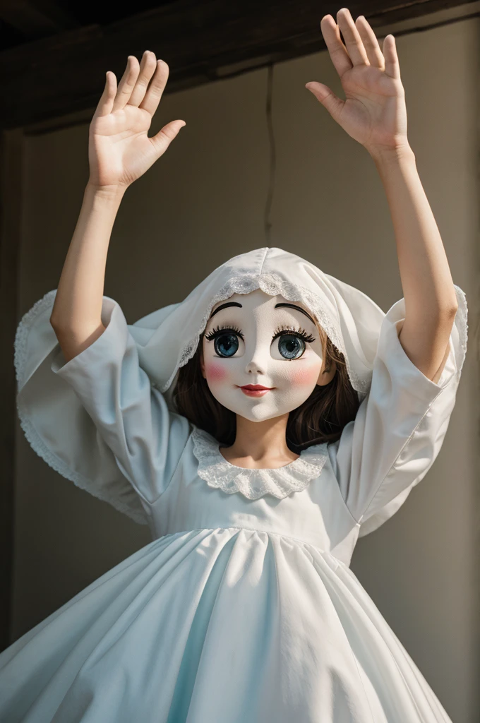 ghost in while gown raised hands like puppet