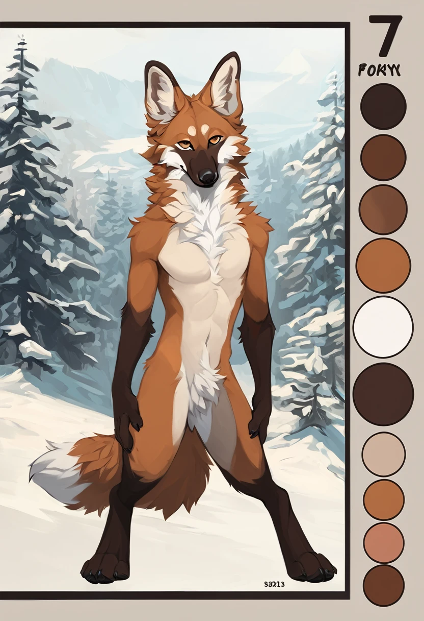 Solo, male, furry art, maned_wolf, fursona, (((brown primary fur))), white secondary, (perky ears), reference sheet, amazing art, masterfully executed, beautiful background, normal body, paws hands.