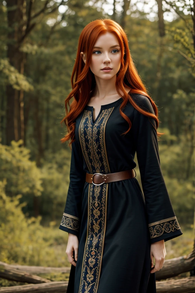 Beautiful redhead elf girl in long black tunic with blue embroidery and belt 