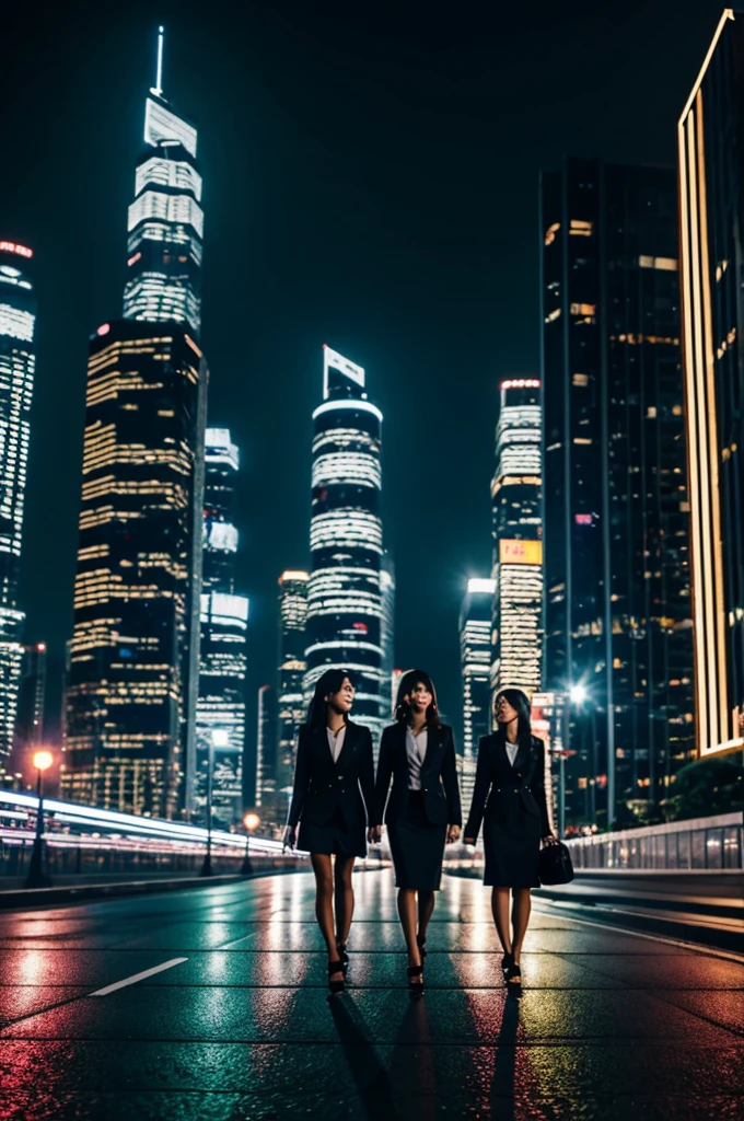 Beautiful stylish girls walk along the street of a night city among skyscrapers in the lights of spotlights