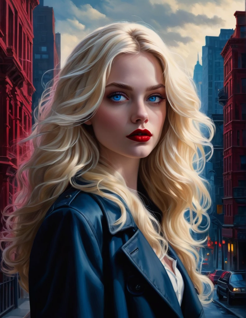 very attractive 25 year old girl with long platinum blonde hair, Visualize a noir detective with tousled waves of hair framing her steely blue eyes, reflecting the shadows of the city streets. Her lips, painted in a deep crimson red, convey a sense of danger and intrigue as she stands against the backdrop of a monochrome cityscape, ready to unravel the mysteries of the night.