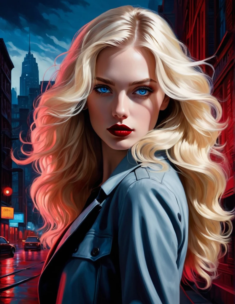 very attractive 25 year old girl with long platinum blonde hair, Visualize a noir detective with tousled waves of hair framing her steely blue eyes, reflecting the shadows of the city streets. Her lips, painted in a deep crimson red, convey a sense of danger and intrigue as she stands against the backdrop of a monochrome cityscape, ready to unravel the mysteries of the night.