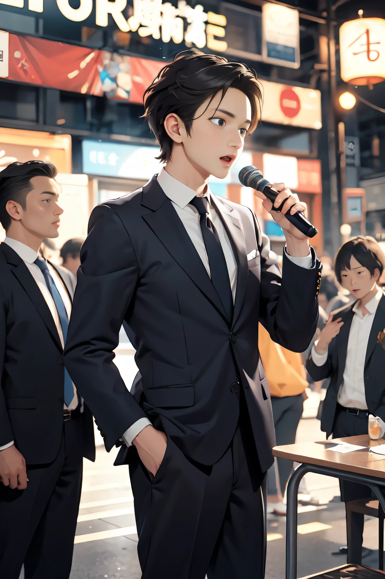 Photos of a handsome, good-looking man, 41 years old , No tie、Summer cutter、slacks、Tokyo Streets、Grab the microphone and shout &quot;Nice vote!&quot;、Shaking hands with many in the audience