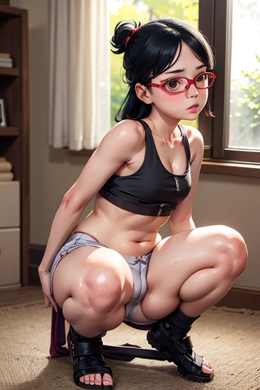 tiny tank top, glasses, red hair, fat ,black hairpin, booty shorts, (her clothes are too small), thick thighs, navel, clehoes, sweaty skin, shiny skin, socks, cameltoe, arm up, panties sho