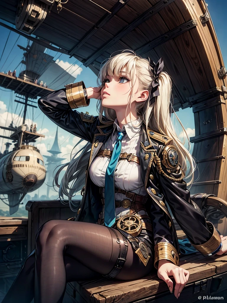 a steampunk-themed artwork featuring a beautiful woman as an intrepid airship captain, ready for adventure, platinum blonde hair, long bangs, award ribbon, military,  major, realistic, closed mouth, looking up, from side, feet out of frame, adjusting necktie,、sultry look, seductive,
