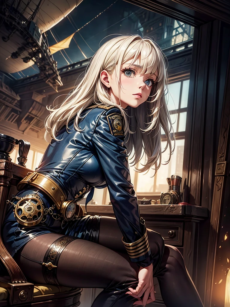 a steampunk-themed artwork featuring a beautiful woman as an intrepid airship captain, ready for adventure, platinum blonde hair, long bangs, award ribbon, military,  major, realistic, closed mouth, looking up, from side, feet out of frame, adjusting necktie,、sultry look, seductive,
