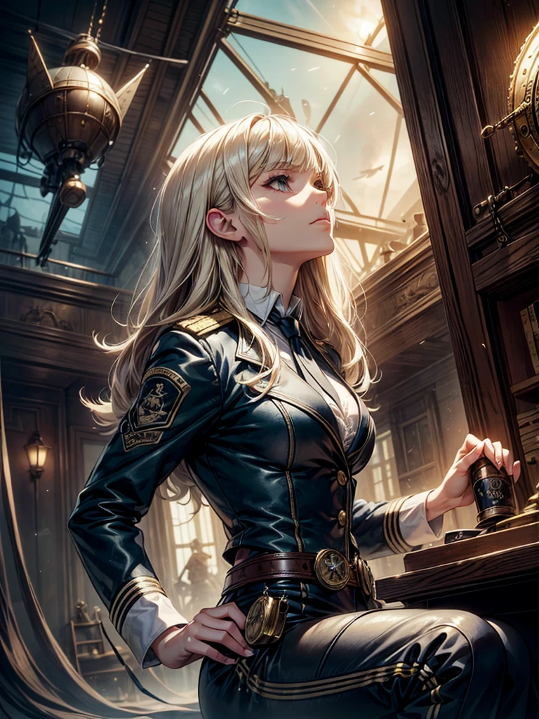 a steampunk-themed artwork featuring a beautiful woman as an intrepid airship captain, ready for adventure, platinum blonde hair, long bangs, award ribbon, military,  major, realistic, closed mouth, looking up, from side, feet out of frame, adjusting necktie,、sultry look, seductive,
