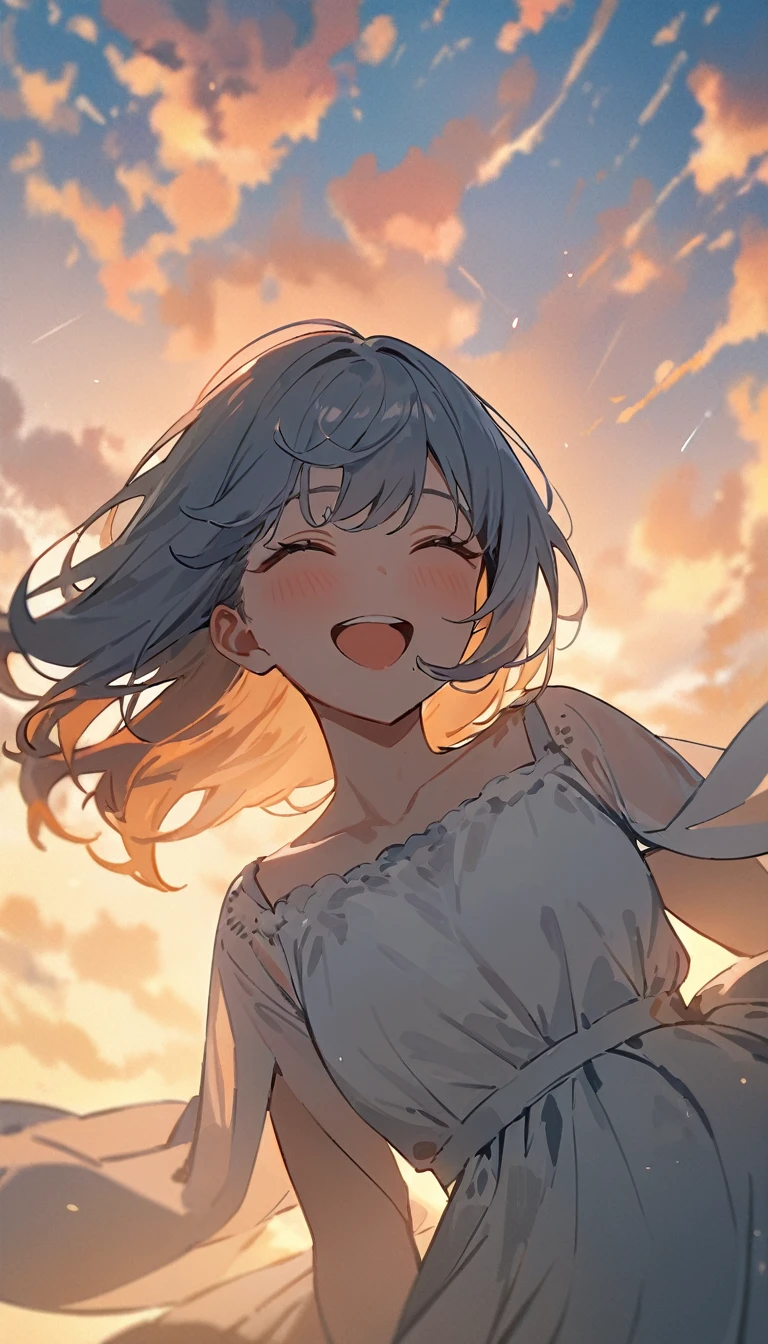 masterpiece, Highest quality, Movie stills, 1 Girl, Cloud Girl, Floating in the sky, close, bright, Happy, Warm and soft lighting, sunset, (spark:0.7)