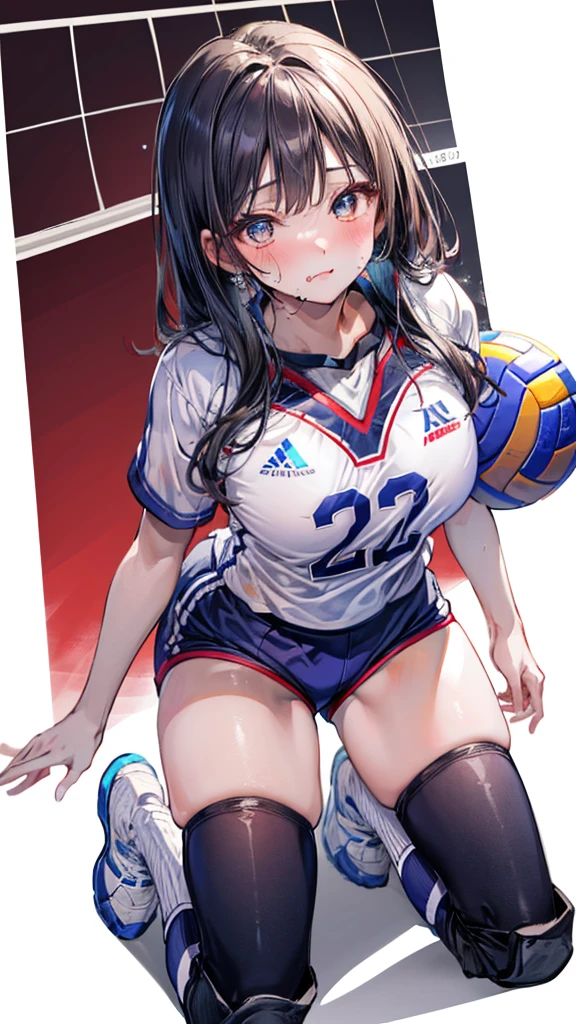 (Best quality, 8k, 32k, Masterpiece, UHD,:1.2),RAW, 1girl,ultra cute , natural lighting,transparent shining eyes, 20yo ,fair complexion, (ecstasy:0.8) ,(slut:0.8), (vulgarity:0.8), (fucked silly:0.8),(steam:0.8),(trembling:1.3)),((volleyball uniform )) ,From above, kneeling, body-fitting, White background, sneakers, ((volleyball uniform short pants))