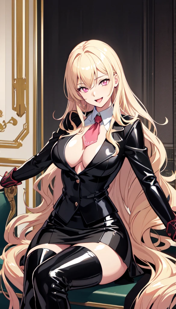 (highest quality:1.2,evil lady,cg, Very detailed, High Detail, digital coloring, High Contrast, masterpiece:1.2,suits, highest quality, Best aesthetics), 8k,masterpiece, cute,tall,beautiful,best quality, 1lady,blonde hair,long hair,wavy hair,empty eyes, (finely detailed glowing eyes and detailed face),,,,extremely detailed cg unity 8k wallpaper,solo,(latex military costume:0.9),large breasts,seductive smile,,latex thighhigh,large breasts,black hair,pink eyes,no jacket,formal shirts,thighhigh,,enamel suits,grossy lips,sitting,tight skirt,sadistic smile,,heel,shiny skin,tight  skirt,detailed face,beautiful body,,adult,,show me breasts,sadistic,seductive smile,business suits,latex,no tie,bust shot,open mouth,necklace,office room,from below,burikko  pose