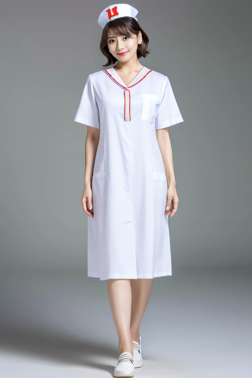(8k, best quality, masterpiece:1.3), (Zoom out shot, full body standing:1.2), (beautiful Japanese mature woman), A woman in her 40s, shirt cut hair, (wearing white Nurse's uniform, Nurse's cap :1.2),