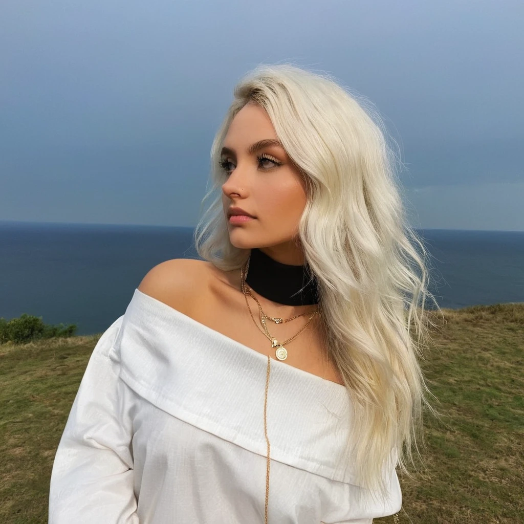 Глядя прямо в камеру, зернистость, текстура кожи, Instagram selжie oж a woman with long loose blonde hair wearing a choker,evening жorrest in the background,ж/1.8, видна грудь, 