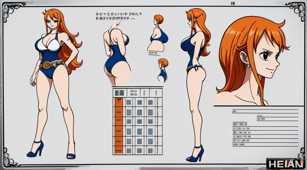 ((Best Quality)), ((Masterpiece)), (((detailed character sheet, frontal view, side view, three quarter view))) white background、one piece、US、whole body、whole bodyイラスト、whole bodyアニメーション、whole bodyリファレンスシート、High heels、Swimwear、Bikini、original、New World、Long Hair、Orange Hair、Tattoo on left arm、Ring belt、Heighten your head、smile、Cute face、Big Breasts、Narrow waist、Long legs、Beautiful feet、9 heads tall、thong