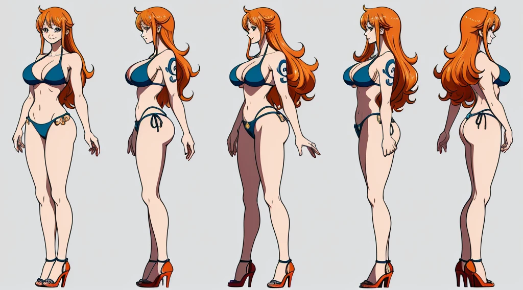 ((Best Quality)), ((Masterpiece)), (((detailed character sheet, frontal view, side view, three quarter view))) white background、one piece、US、whole body、whole bodyイラスト、whole bodyアニメーション、whole bodyリファレンスシート、High heels、Swimwear、Bikini、original、New World、Long Hair、Orange Hair、Tattoo on left arm、Ring belt、Heighten your head、smile、Cute face、Big Breasts、Narrow waist、Long legs、Beautiful feet、9 heads tall、thong