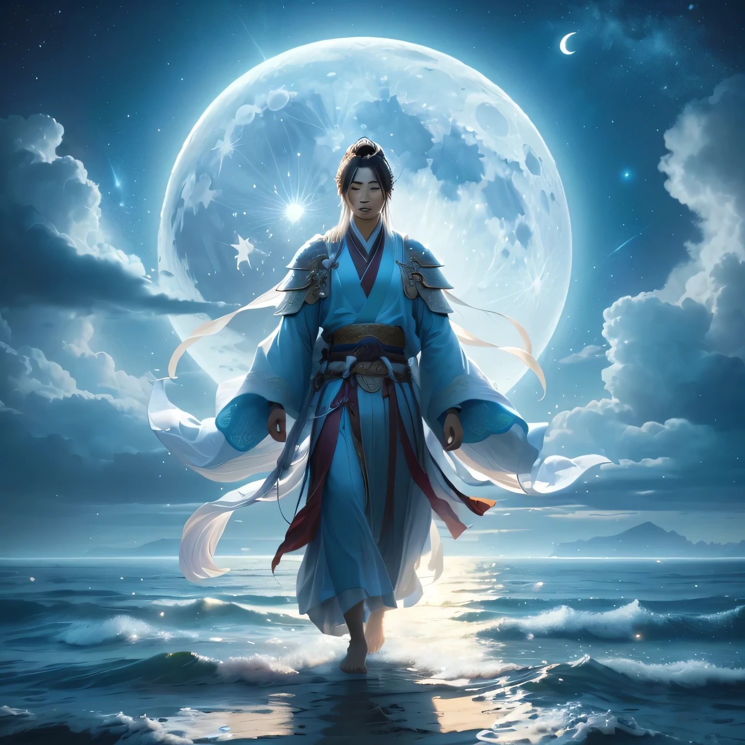 Close up portrait of a person standing on the beach near the sea, Moon God, Fantasy, Moon God, , Moon God, Zhao Yun, Lostrun 8k, Wearing a loose robe, Moon God,handsome man