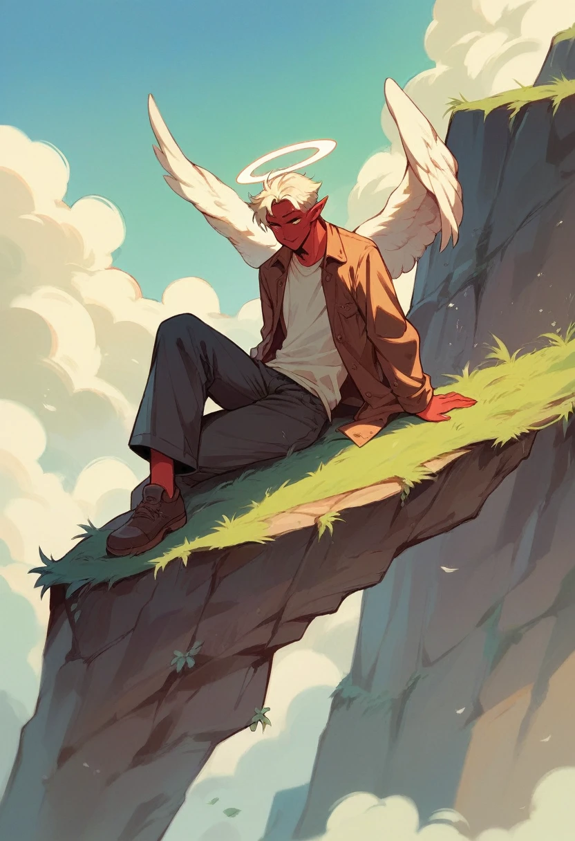 Angel dressed in white, a demon sitting on a cliff and flogging in front of him