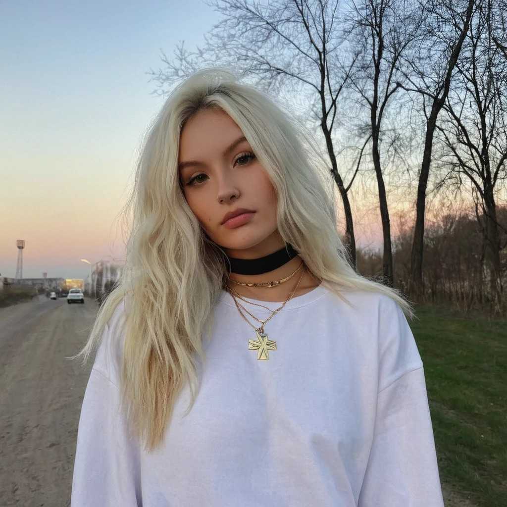 Глядя прямо в камеру, зернистость, текстура кожи, Instagram selжie oж a woman with long loose blonde hair wearing a choker,evening жorrest in the background,ж/1.8, показывает грудь прикрывая её рукой, голая