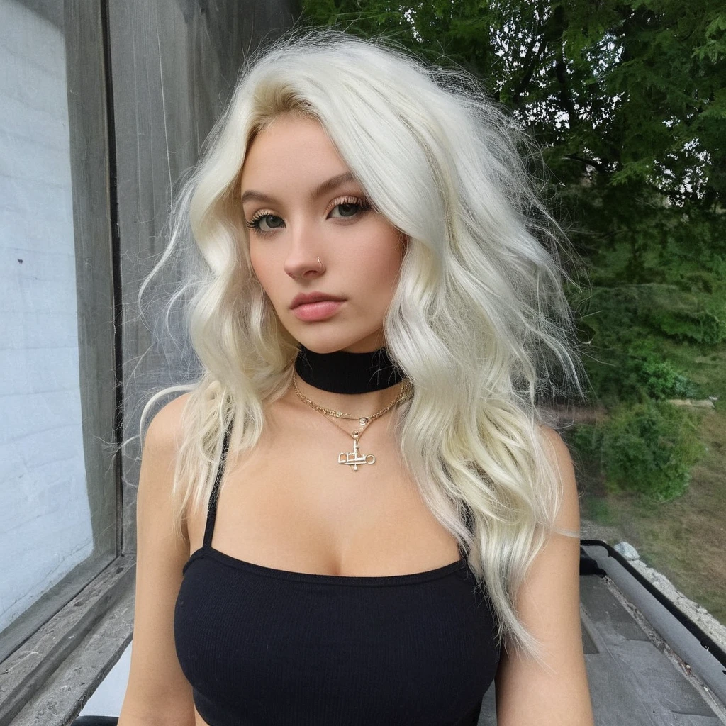 Глядя прямо в камеру, зернистость, текстура кожи, Instagram selжie oж a woman with long loose blonde hair wearing a choker,evening жorrest in the background,ж/1.8, показывает грудь прикрывая её рукой, голая