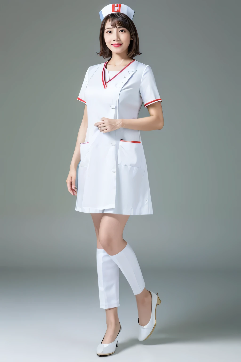 (8k, best quality, masterpiece:1.3), (Zoom out shot, full body standing:1.2), (beautiful Japanese mature woman), A woman in her 40s, shirt cut hair, (wearing white Nurse's uniform, Nurse's cap :1.2),