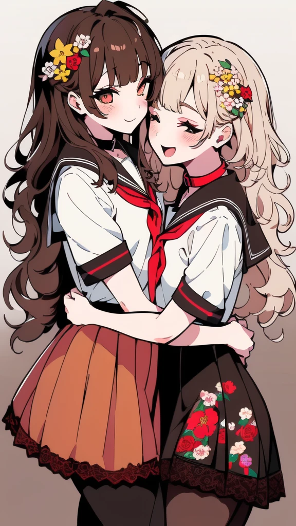 ((YURI)), Perfect Face, Multiple Girls, (((2Girls))), ((Brown Hair Gril, Short Hair)), ((Blonde Hair Girl, Wavy Hair)), (((Two Friendly Girls:1.4))), ((Hug)), (((Symmetrical Posture, Cheek-to-Cheek:1.4))), (((Smile))), (((Half Closed Eyes))), Open Mouth:0.8, BREAK; 
(MakeUp, Red Eyeliner), ((Wavy Hair, Short Hair)), ((School Uniform, Sailor Suit, Collar, White Shirts, Short Sleeve, Red Neckerchief)), ((School, Skirt)), (Brown Lace Pantyhose, Lace:1.5), Thighs:1.1, (Brown Loafers), Slender Body, ((Small Breasts:1.4)), Red Nails, 
BREAK; 
(8K, Best Quality, Ultra Detailliert, Highres, Absurdres, Perfect ???????, Masterpiece), Strong Outline, Five Fingers, (Blush), ((Posed Photo:1.3)), ((Wide-Angle Photo:1.3)), Dutch Angle, ((White BackGround, Floral Print:1.5, Flower BackGround:1.3, Floral BackGround:1.3)),