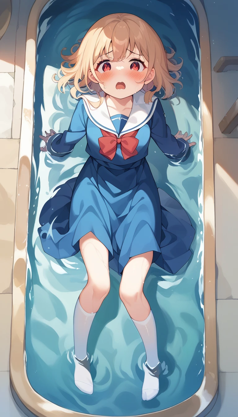 score_9, score_8_up, score_7_up, source_アニメ, masterpiece, 1girl, (work), blue dress, white sailor collar, red bowtie, white long sleeves, full body, from above, looking at viewer, indoors, open mouth, (Completely flooded)、The whole body is immersed in water、Transparent pool, White knee-highs、Water Play, Primary school students、Skirt fully open、Long wide skirt、cute、blush、Watery eye、Lots of water、Wet、((The skirt spreads over the water surface.))、(Drowning)、