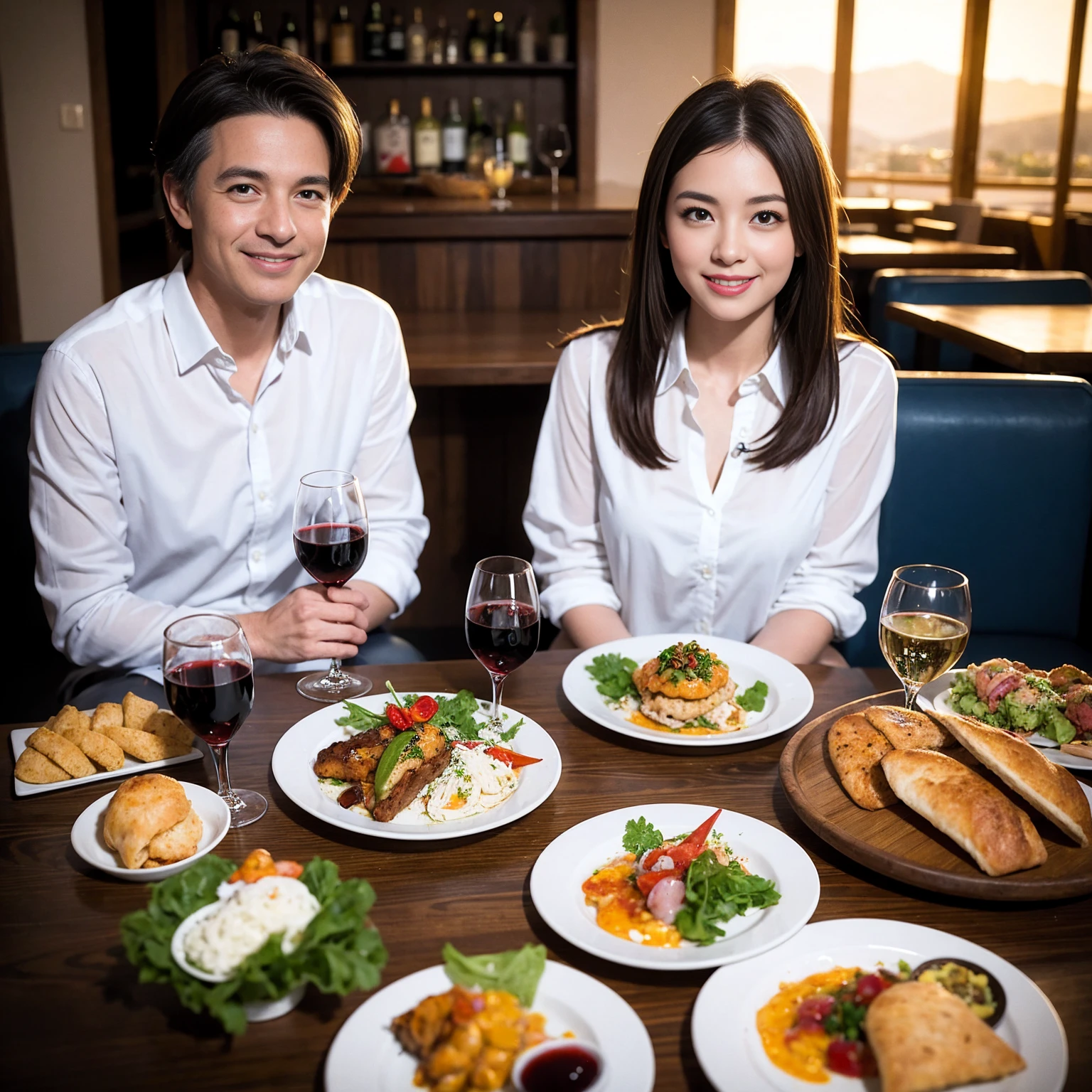((Highest quality、、masterpiece:1.3))、1 male、1 female、spouse、Beautiful couple、Japanese couple、smile、 (Slim face), (the body is スリム), (Brown Hair), (Shortcuts), ((Bob Hale、Straight hair:1.2)), テーブルの上のwine glass、Please shine a light on my face、 Amazing view of the sunset sky and clouds、Amazing mountain views、smileの美しさ、Bright imYear、Blushing, Shortcuts,Bright Face、 Year), 39 Year, red wine 、Appetizers、Italian food、Wine bottle、Champagne、sparkling wine、Long sleeve shirt、dress、Attractive beauty、restaurant, Nova Frog Style, actress, model, Upper Body, White wine, red wine, wine glass,