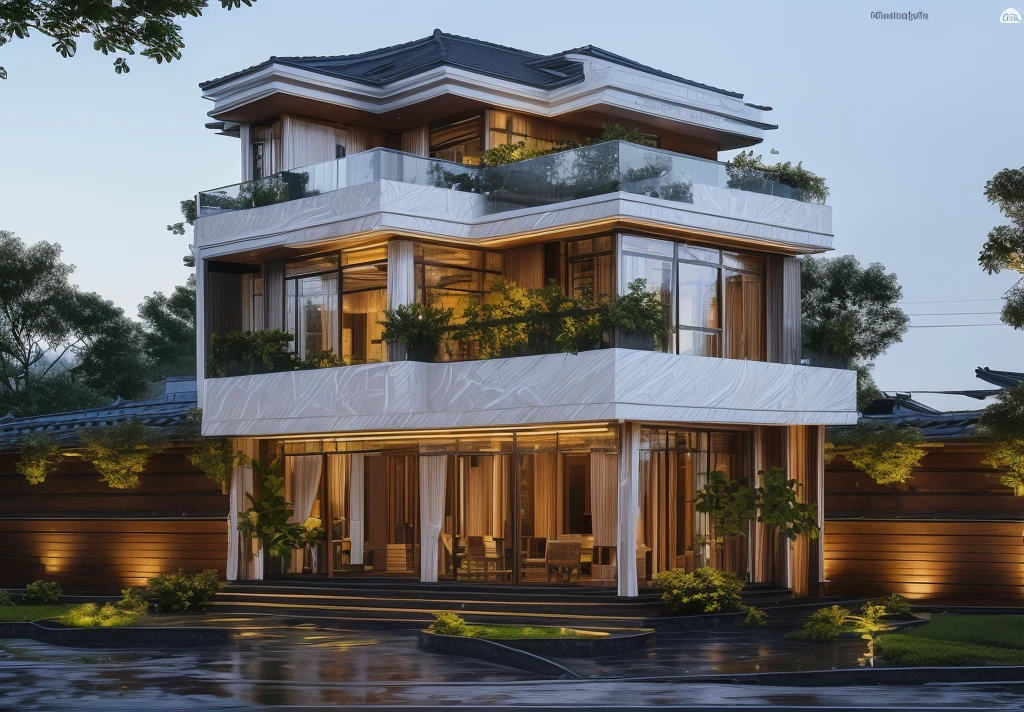 3D render of a beautiful house. lumion render, lumion rendering, beautifully detailed render, high-quality render, night time render, insanely detailed rendering, realistic architecture, highly detailed render, high quality rendering, architectural visualization. The house is adorned with elegant lighting and plants to enhance its exterior appearance in a Vietnam city street, Behind are hills and mountains with clear blue sky. Aerial view of the tranquil garden with lush green grass, winding paths leading to an elegant koi pond surrounded by ornamental fish and tropical plants.  The house looks like a fairy tale, with a large porch to sit and drink tea with wooden panels and LED lights. The simple design features a white and dark grey color marble cladding scheme with big windows on the first floor and a small balcony above it with green plants. This space creates natural beauty that can be used as a serene spot to relax or enjoy nature. The main door is made of aluminum and glass reaching to the ceiling. Ground floor full glass door, The main door is made of art glass, the windows are large and the ceiling is made of glass. Looking into the house through the middle glass window is the living room, the left glass window is the kitchen, the right glass window is the bedroom, interior lighting rendering and lighting effects. It is an architectural rendering with a perspective view and daylight lighting. taken with professional photography techniques, using a wide angle lens with bright natural light and high resolution details, in the style of photorealistic architectural rendering, in the style of professional photograph, hyper realistic, highly detailed.