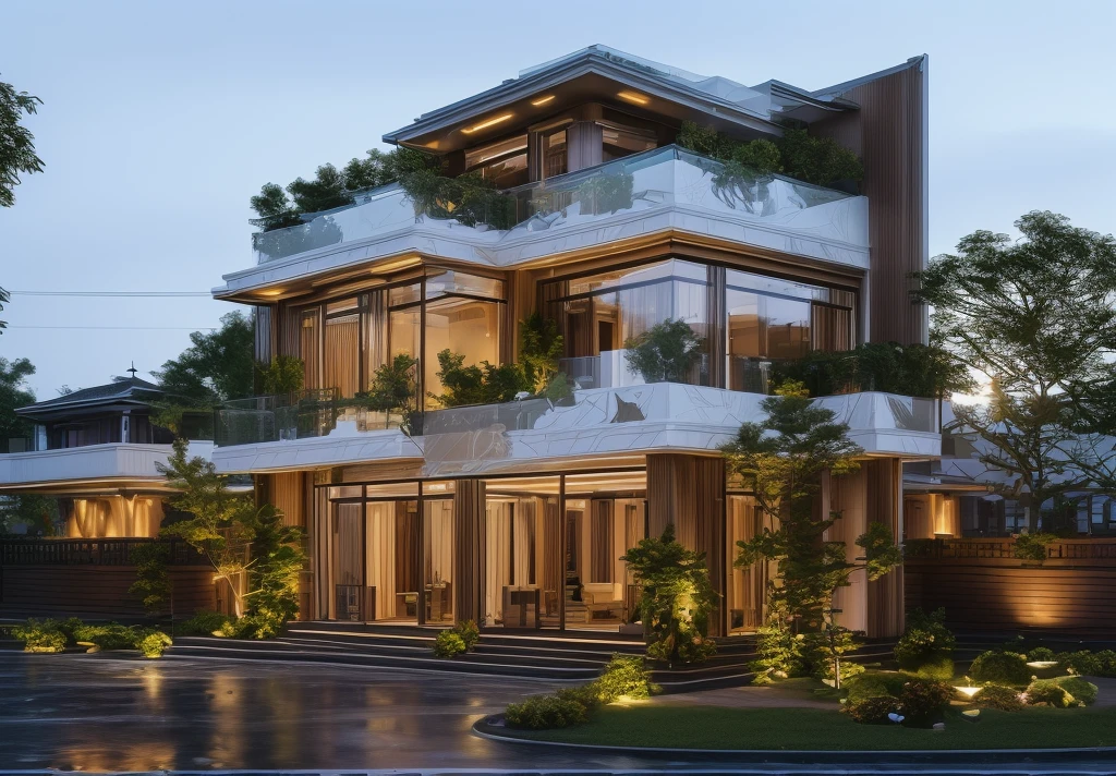 3D render of a beautiful house. lumion render, lumion rendering, beautifully detailed render, high-quality render, night time render, insanely detailed rendering, realistic architecture, highly detailed render, high quality rendering, architectural visualization. The house is adorned with elegant lighting and plants to enhance its exterior appearance in a Vietnam city street, Behind are hills and mountains with clear blue sky. Aerial view of the tranquil garden with lush green grass, winding paths leading to an elegant koi pond surrounded by ornamental fish and tropical plants.  The house looks like a fairy tale, with a large porch to sit and drink tea with wooden panels and LED lights. The simple design features a white and dark grey color marble cladding scheme with big windows on the first floor and a small balcony above it with green plants. This space creates natural beauty that can be used as a serene spot to relax or enjoy nature. The main door is made of aluminum and glass reaching to the ceiling. Ground floor full glass door, The main door is made of art glass, the windows are large and the ceiling is made of glass. Looking into the house through the middle glass window is the living room, the left glass window is the kitchen, the right glass window is the bedroom, interior lighting rendering and lighting effects. It is an architectural rendering with a perspective view and daylight lighting. taken with professional photography techniques, using a wide angle lens with bright natural light and high resolution details, in the style of photorealistic architectural rendering, in the style of professional photograph, hyper realistic, highly detailed.