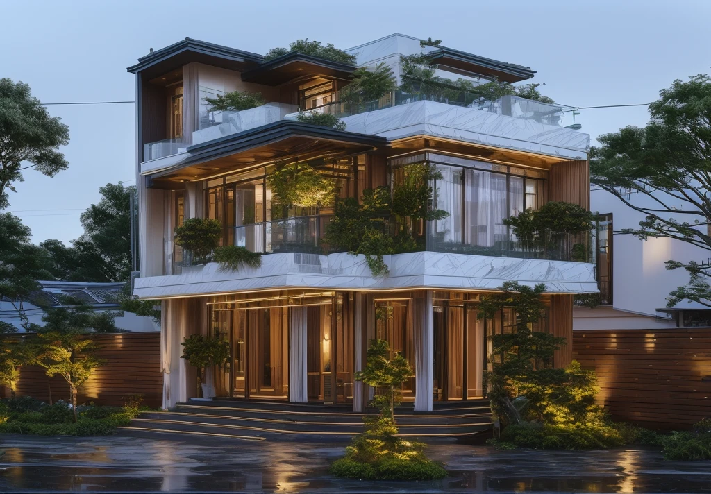 3D render of a beautiful house. lumion render, lumion rendering, beautifully detailed render, high-quality render, night time render, insanely detailed rendering, realistic architecture, highly detailed render, high quality rendering, architectural visualization. The house is adorned with elegant lighting and plants to enhance its exterior appearance in a Vietnam city street, Behind are hills and mountains with clear blue sky. Aerial view of the tranquil garden with lush green grass, winding paths leading to an elegant koi pond surrounded by ornamental fish and tropical plants.  The house looks like a fairy tale, with a large porch to sit and drink tea with wooden panels and LED lights. The simple design features a white and dark grey color marble cladding scheme with big windows on the first floor and a small balcony above it with green plants. This space creates natural beauty that can be used as a serene spot to relax or enjoy nature. The main door is made of aluminum and glass reaching to the ceiling. Ground floor full glass door, The main door is made of art glass, the windows are large and the ceiling is made of glass. Looking into the house through the middle glass window is the living room, the left glass window is the kitchen, the right glass window is the bedroom, interior lighting rendering and lighting effects. It is an architectural rendering with a perspective view and daylight lighting. taken with professional photography techniques, using a wide angle lens with bright natural light and high resolution details, in the style of photorealistic architectural rendering, in the style of professional photograph, hyper realistic, highly detailed.