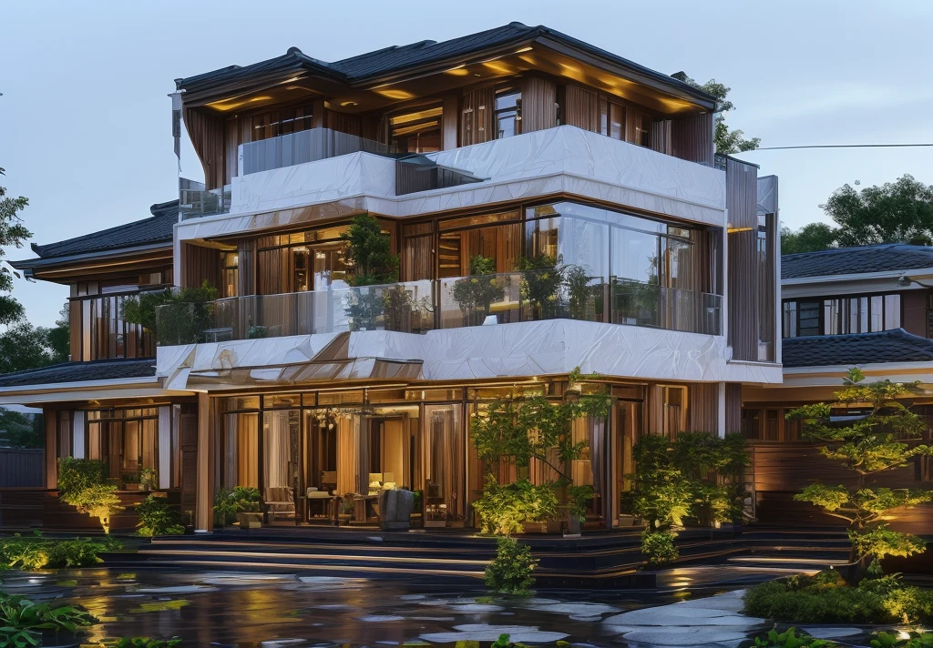 3D render of a beautiful house. lumion render, lumion rendering, beautifully detailed render, high-quality render, night time render, insanely detailed rendering, realistic architecture, highly detailed render, high quality rendering, architectural visualization. The house is adorned with elegant lighting and plants to enhance its exterior appearance in a Vietnam city street, Behind are hills and mountains with clear blue sky. Aerial view of the tranquil garden with lush green grass, winding paths leading to an elegant koi pond surrounded by ornamental fish and tropical plants.  The house looks like a fairy tale, with a large porch to sit and drink tea with wooden panels and LED lights. The simple design features a white and dark grey color marble cladding scheme with big windows on the first floor and a small balcony above it with green plants. This space creates natural beauty that can be used as a serene spot to relax or enjoy nature. The main door is made of aluminum and glass reaching to the ceiling. Ground floor full glass door, The main door is made of art glass, the windows are large and the ceiling is made of glass. Looking into the house through the middle glass window is the living room, the left glass window is the kitchen, the right glass window is the bedroom, interior lighting rendering and lighting effects. It is an architectural rendering with a perspective view and daylight lighting. taken with professional photography techniques, using a wide angle lens with bright natural light and high resolution details, in the style of photorealistic architectural rendering, in the style of professional photograph, hyper realistic, highly detailed.