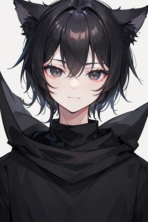 portrait of a cute catboy, 1boy, black cat ears, wearing black clothes, wearing black sweater, (black hair), ((black eyes)), , thin, short, cute smile, soft expression, light-skinned, smooth skin, in a dark room, light focus on him, night, cinematic lighting, ((from front))