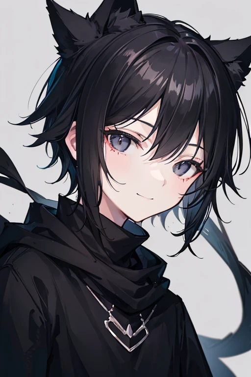 portrait of a cute catboy, 1boy, black cat ears, wearing black clothes, wearing black sweater, (black hair), ((black eyes)), , thin, short, cute smile, soft expression, light-skinned, smooth skin, in a dark room, light focus on him, night, cinematic lighting, ((from front))