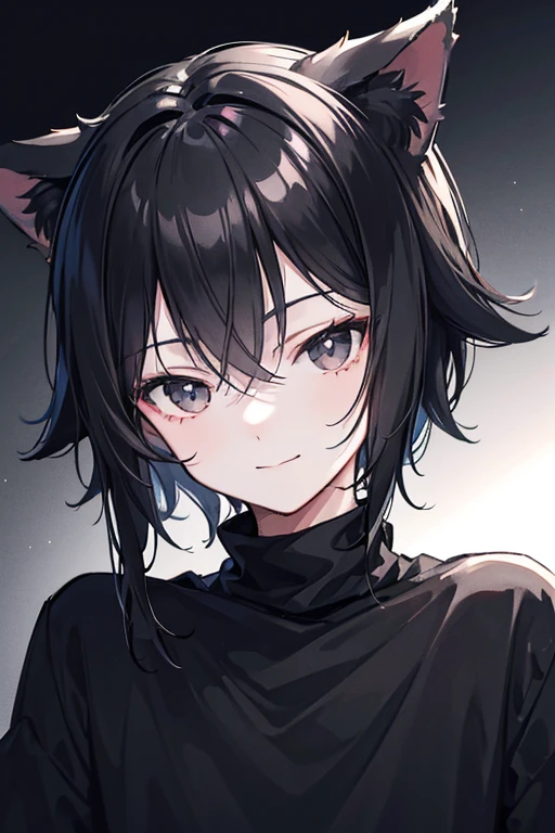 portrait of a cute catboy, 1boy, black cat ears, wearing black clothes, wearing black sweater, (black hair), ((black eyes)), teen, thin, short, cute smile, soft expression, light-skinned, smooth skin, in a dark room, light focus on him, night, cinematic lighting, ((from front))