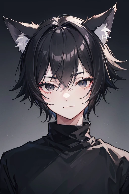 portrait of a cute catboy, 1boy, black cat ears, wearing black clothes, wearing black sweater, (black hair), ((black eyes)), teen, thin, short, cute smile, soft expression, light-skinned, smooth skin, in a dark room, light focus on him, night, cinematic lighting, ((from front))