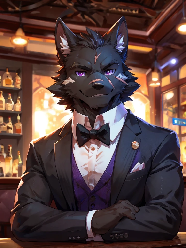 embedding:Black wolf,male, Purple eyes,Scar on the face, Single Person,black fur.The chest and abdomen are white fur.The mob boss,Tattoo,Black suit,At the bar,happy,Smart,Adult male,Handsome,Best quality hands, best quality eye,detailed fur,Delicate eyes.Extreme picture quality,by sollyz,by zixiong,by null_ghost