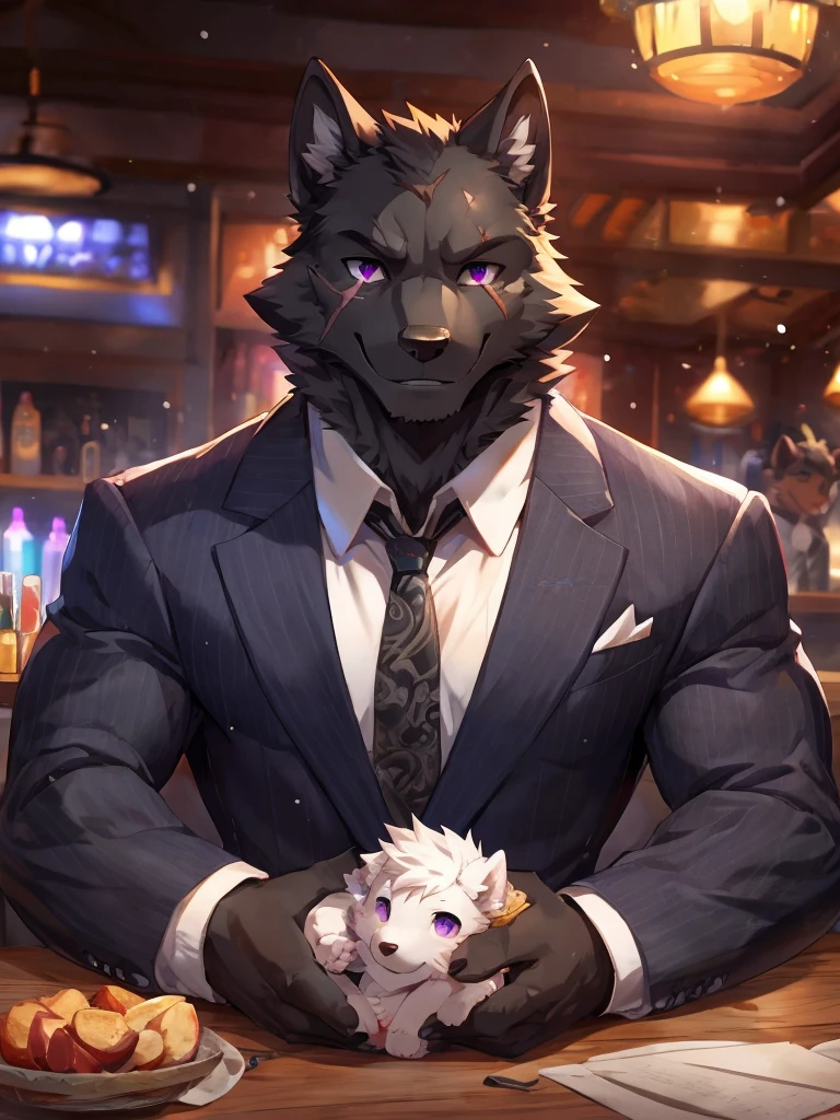 embedding:Black wolf，male, Purple eyes,Scar on the face, Single Person,black fur.The chest and abdomen are white fur.The mob boss,Tattoo,Black suit,At the bar,happy，Smart,Adult male,Handsome,Best quality hands, best quality eye，detailed fur，Delicate eyes.Extreme picture quality，by sollyz,by zixiong,by null_ghost