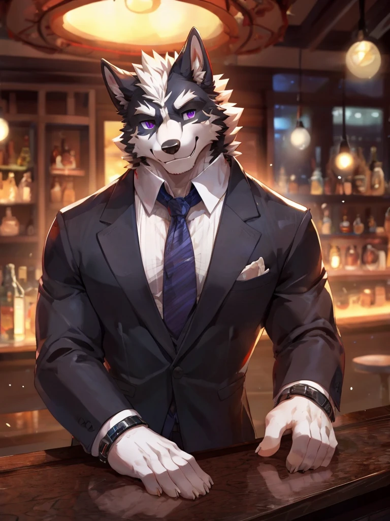 embedding:Black wolf,male, Purple eyes,Scar on the face, Single Person,black fur.The chest and abdomen are white fur.The mob boss,Tattoo,Black suit,At the bar,happy,Smart,Adult male,Handsome,Best quality hands, best quality eye,detailed fur,Delicate eyes.Extreme picture quality,by sollyz,by zixiong,by null_ghost